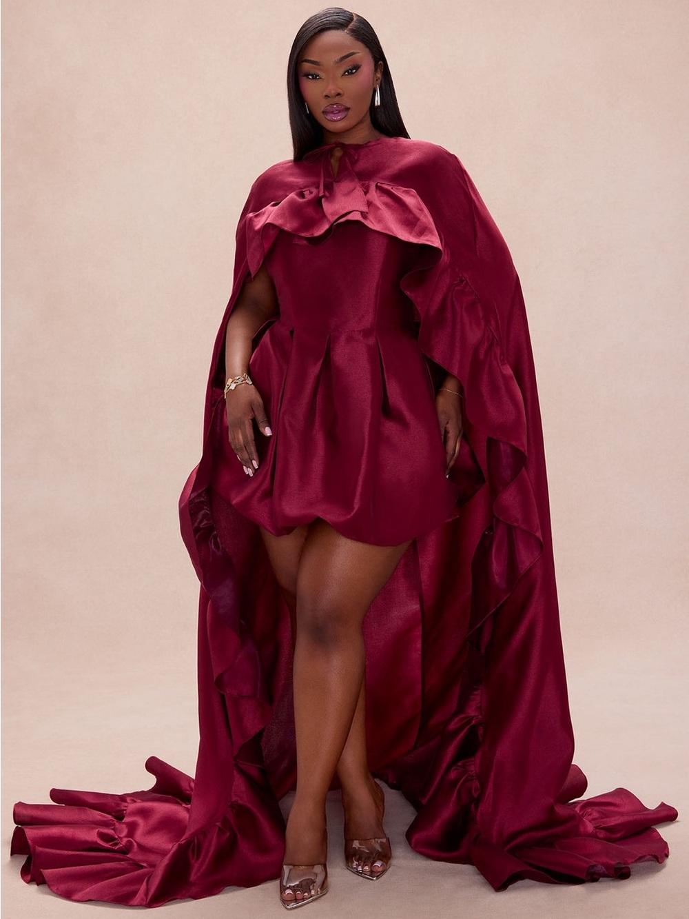 Fashion Nova Chic Drama 2 Piece Cape Mini Dress Set - Burgundy 3X